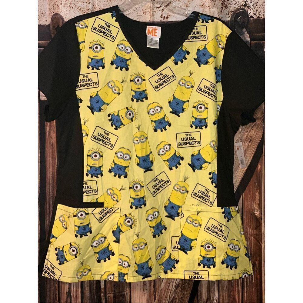 Despicable ME Scrub Top ladies large yellows with black back